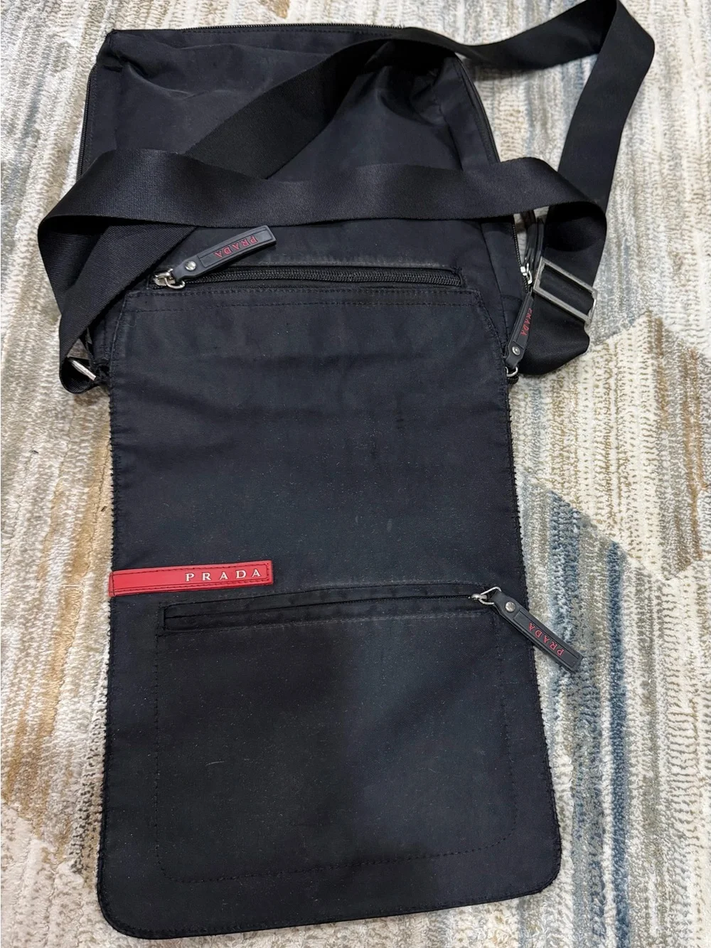Prada Black Nylon Messenger Bag with Red Logo Accents